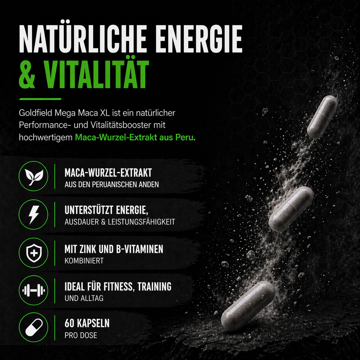Goldfield Mega Maca XL – Maca Power Booster für Energie & Vitalität (60 Kapseln)