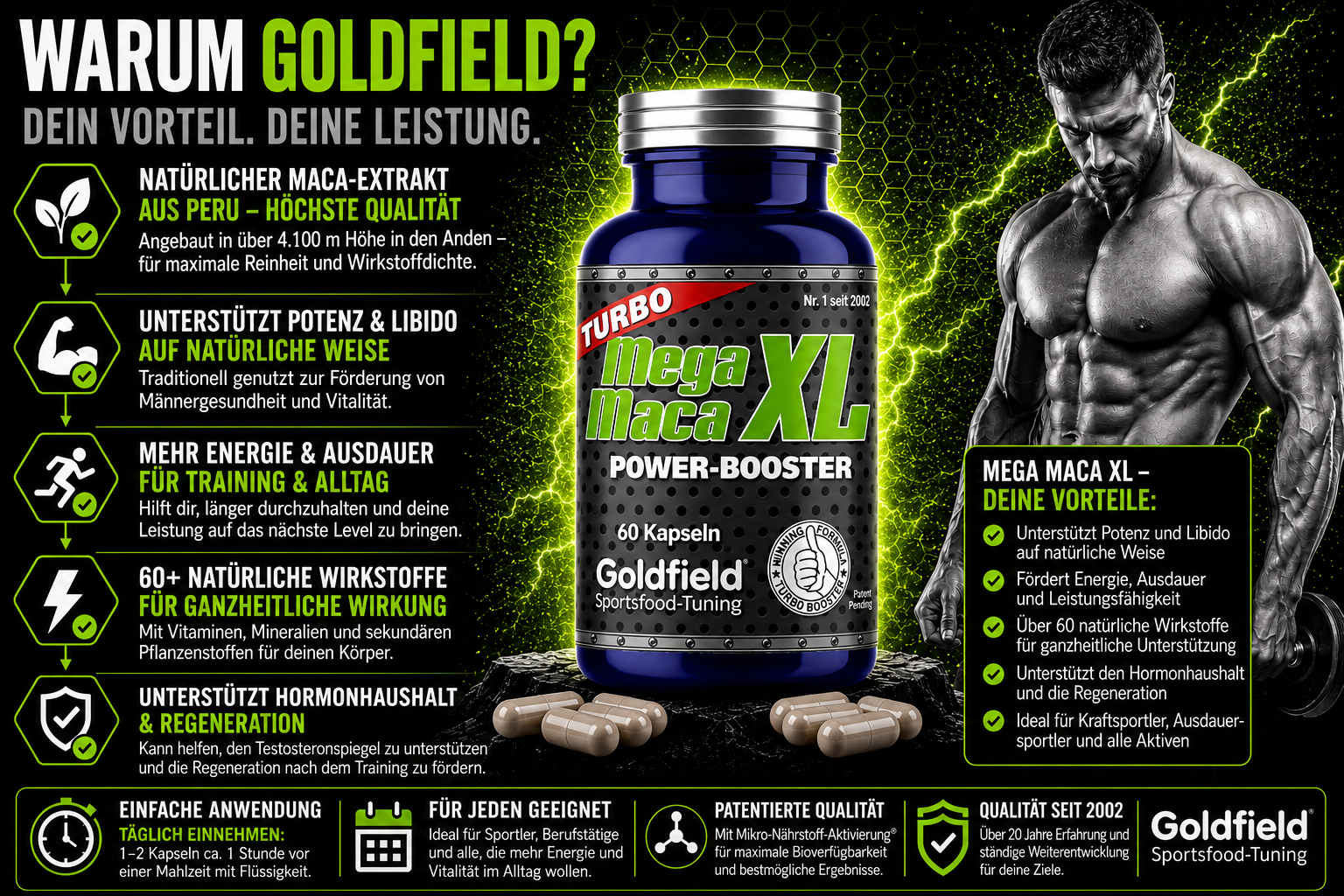 Goldfield Mega Maca XL – Maca Power Booster für Energie & Vitalität (60 Kapseln)