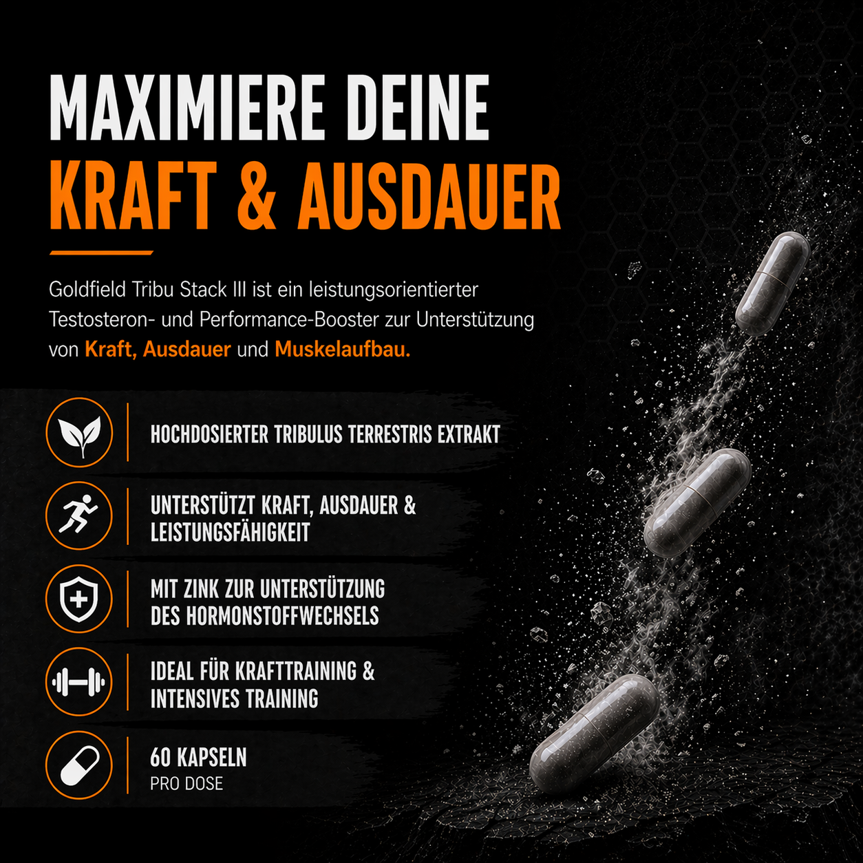 Goldfield Tribu Stack III – Tribulus Terrestris Booster für Kraft & Muskelaufbau (60 Kapseln)