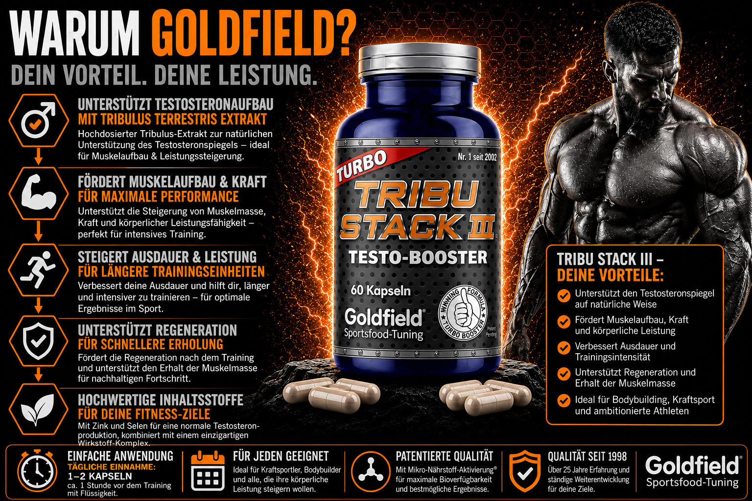 Goldfield Tribu Stack III – Tribulus Terrestris Booster für Kraft & Muskelaufbau (60 Kapseln)